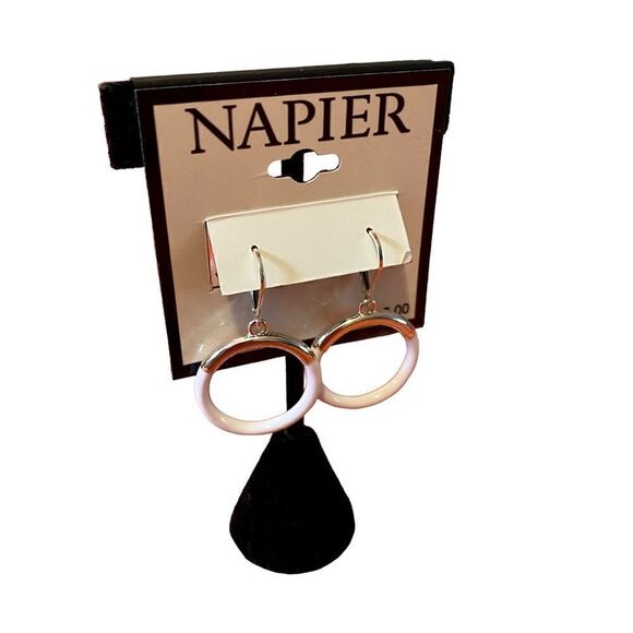 Napier White & Silver Drop Hoop Lever Back Earrings. - Picture 4 of 6